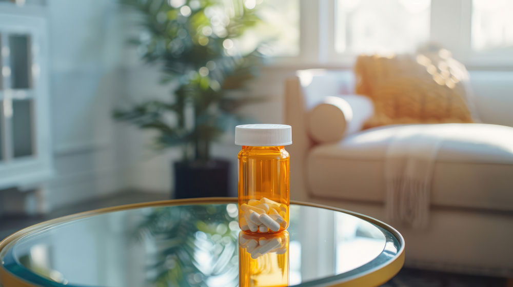 pill bottle on a coffee table