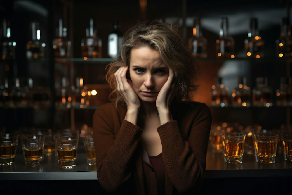 a-woman-covering-her-ears-surrounded-by-her-addiction-of-alcohol